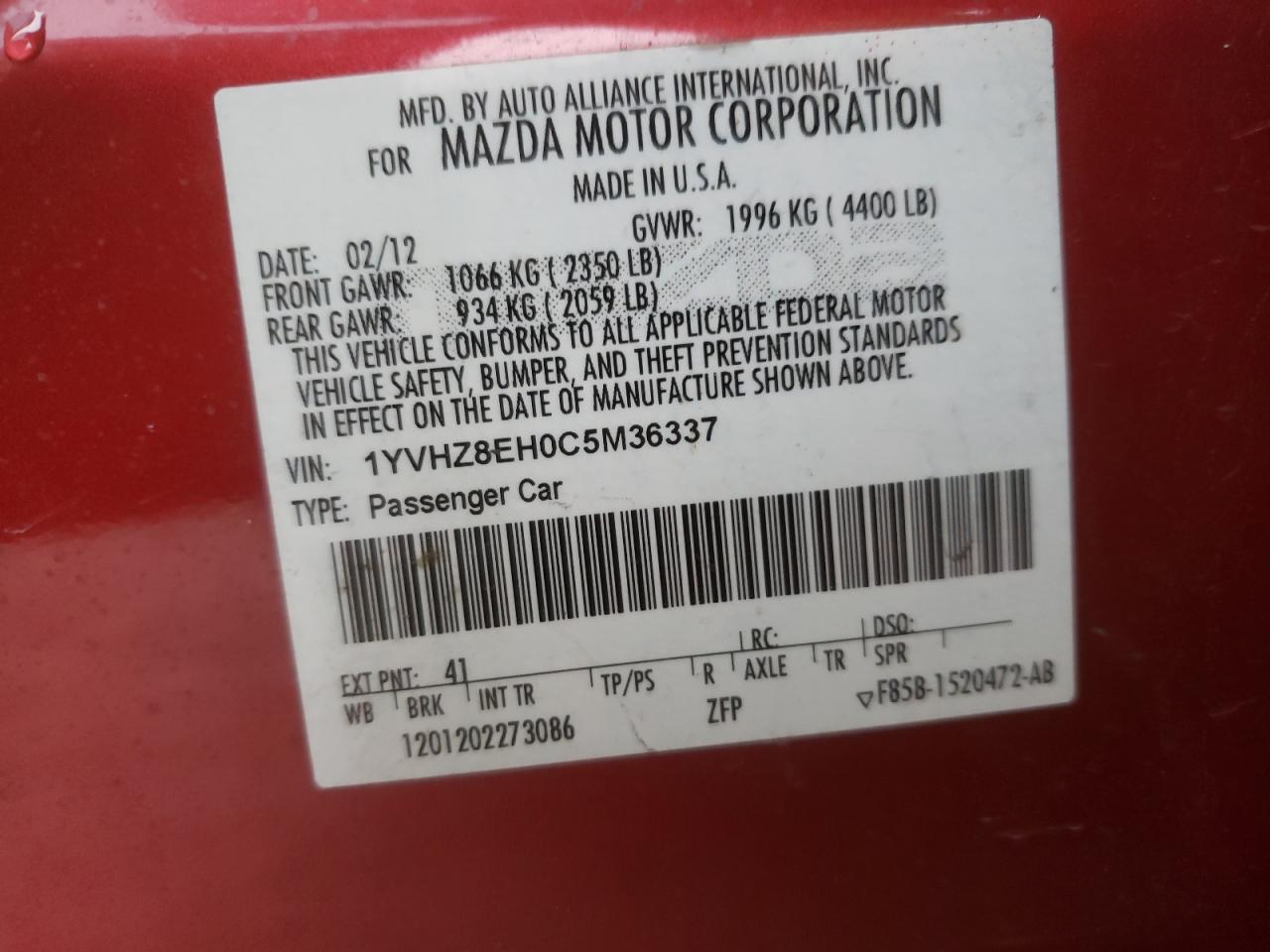 Photo 10 from auction – 2012 MAZDA 6 I with VIN 1YVHZ8EH0C5M36337