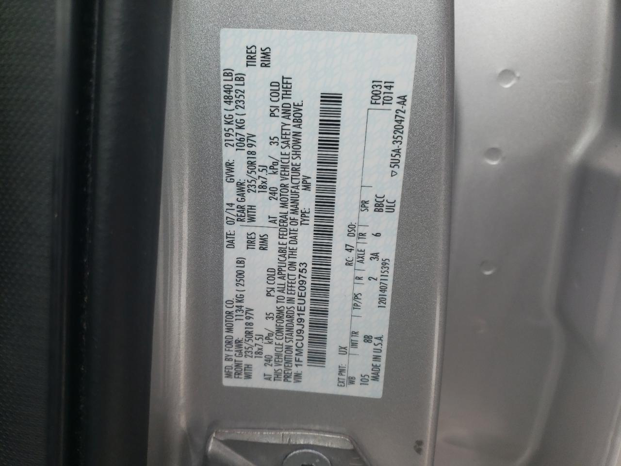 Photo 10 from auction – 2014 FORD ESCAPE TIT with VIN 1FMCU9J91EUE09753
