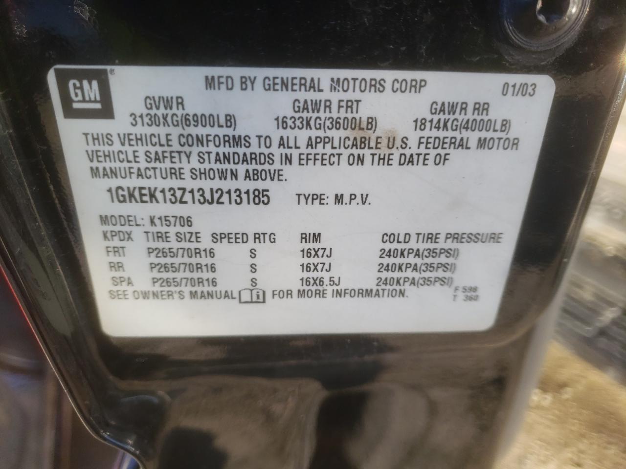 Photo 10 from auction – 2003 GMC YUKON with VIN 1GKEK13Z13J213185
