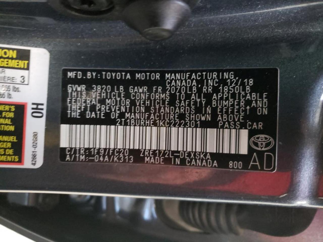 Photo 10 from auction – 2019 TOYOTA COROLLA L with VIN 2T1BURHE1KC222301