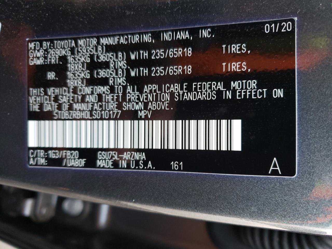 Photo 10 from auction – 2020 TOYOTA HIGHLANDER with VIN 5TDBZRBH0LS010177