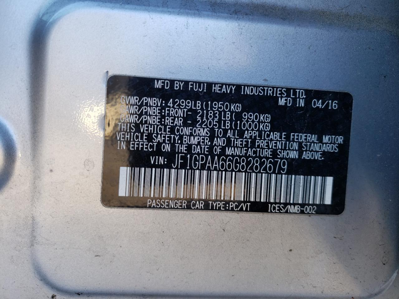 Photo 10 from auction – 2016 SUBARU IMPREZA with VIN JF1GPAA66G8282679