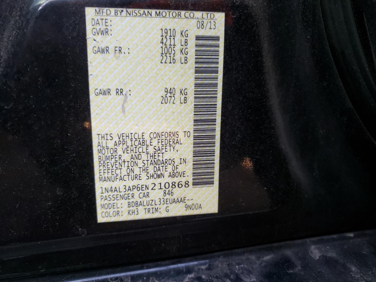 Photo 10 from auction – 2014 NISSAN ALTIMA 2.5 with VIN 1N4AL3AP6EN210868