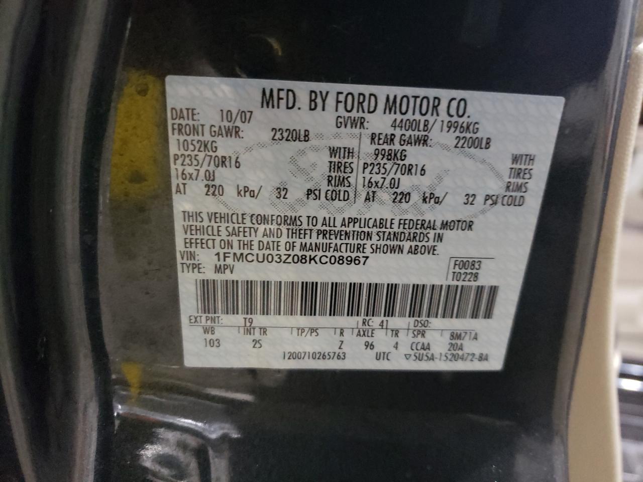 Photo 10 from auction – 2008 FORD ESCAPE XLT with VIN 1FMCU03Z08KC08967