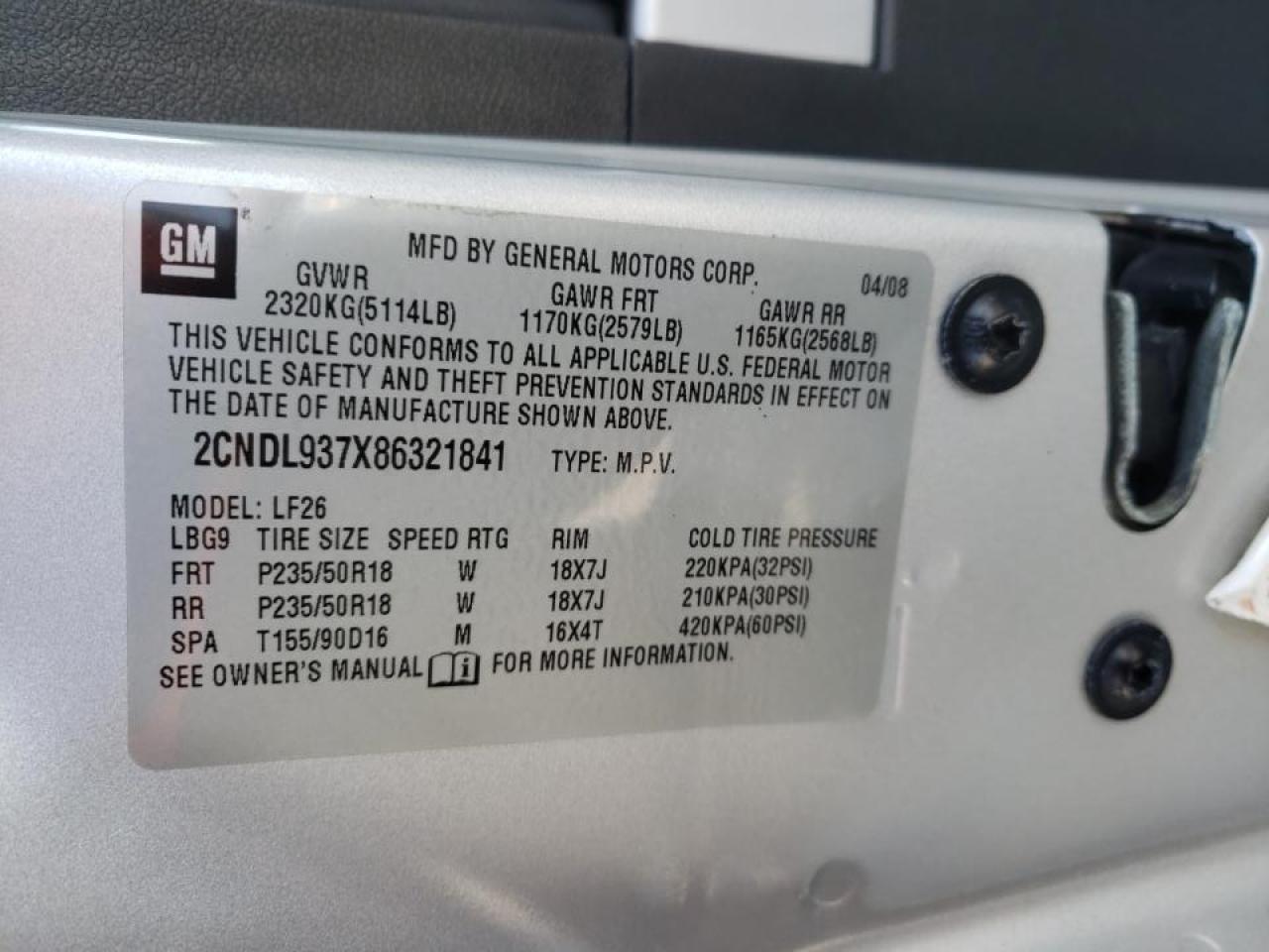 Photo 10 from auction – 2008 CHEVROLET EQUINOX with VIN 2CNDL937X86321841
