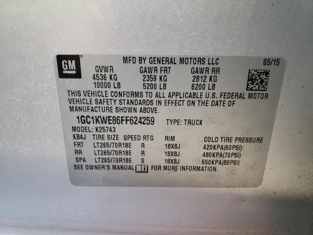 Photo 10 from auction – 2015 CHEVROLET SILVERADO with VIN 1GC1KWE86FF624259