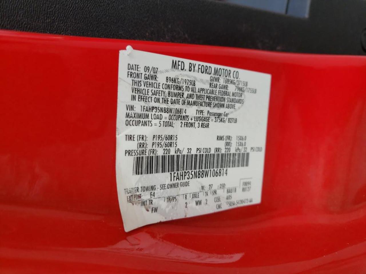 Photo 10 from auction – 2008 FORD FOCUS with VIN 1FAHP35N88W106814