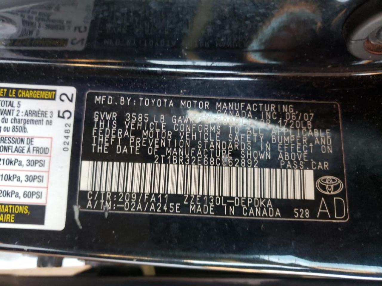 Photo 10 from auction – 2008 TOYOTA COROLLA CE with VIN 2T1BR32E68C862892