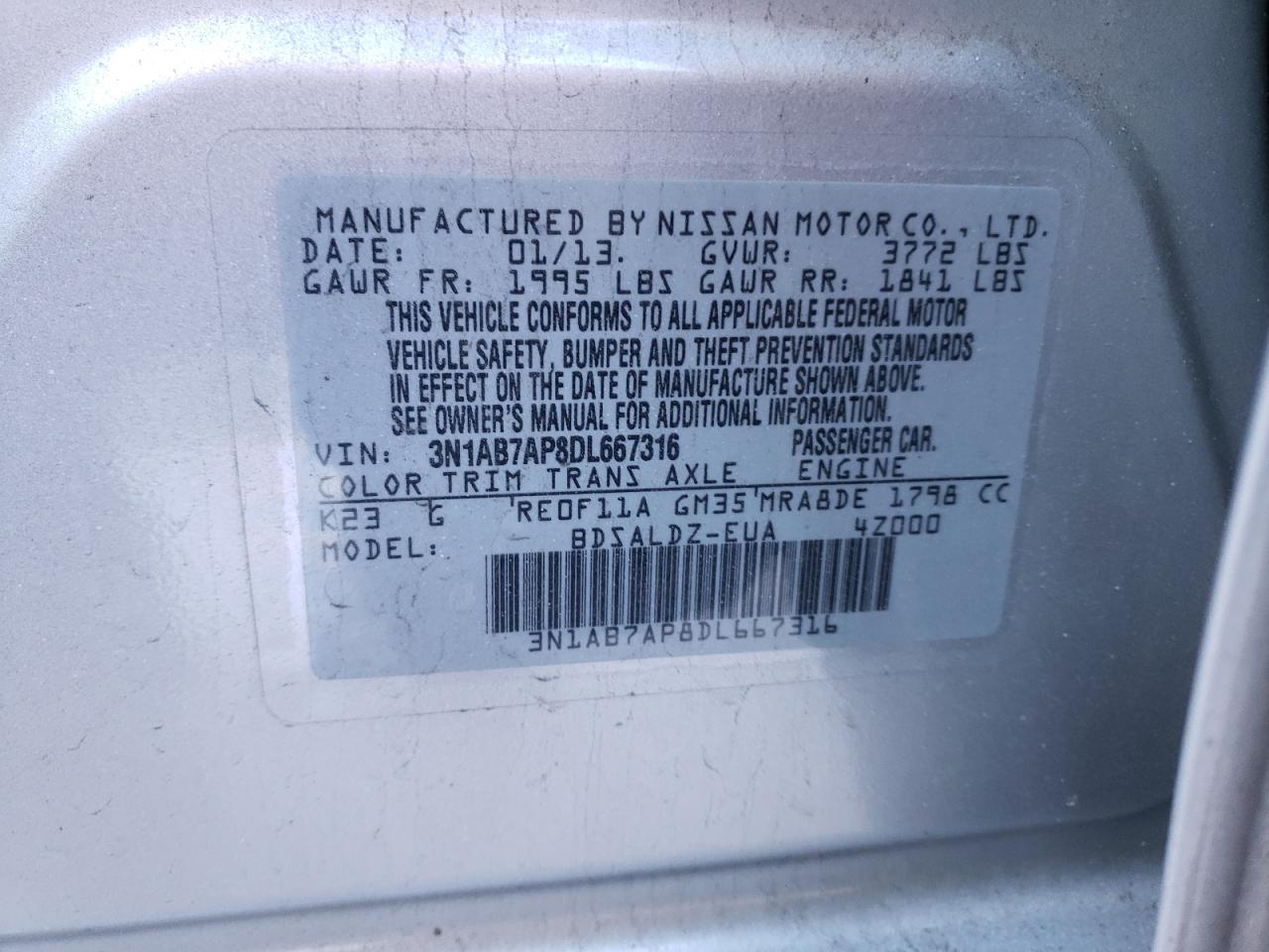 Photo 10 from auction – 2013 NISSAN SENTRA S with VIN 3N1AB7AP8DL667316