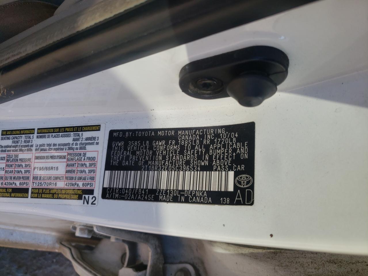 Photo 10 from auction – 2005 TOYOTA COROLLA CE with VIN 2T1BR32E05C396534