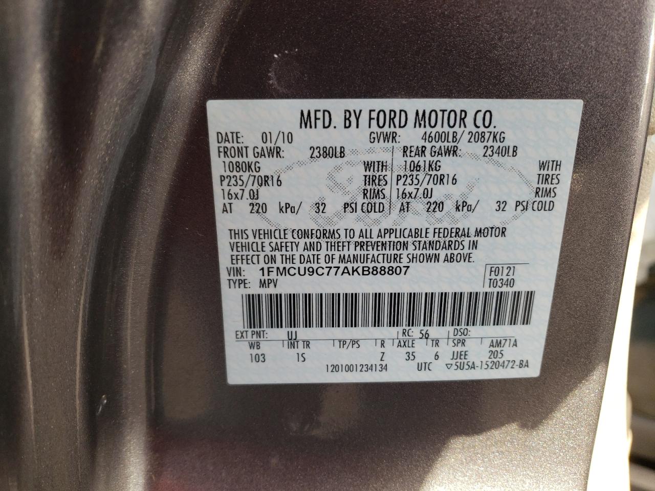 Photo 10 from auction – 2010 FORD ESCAPE XLS with VIN 1FMCU9C77AKB88807