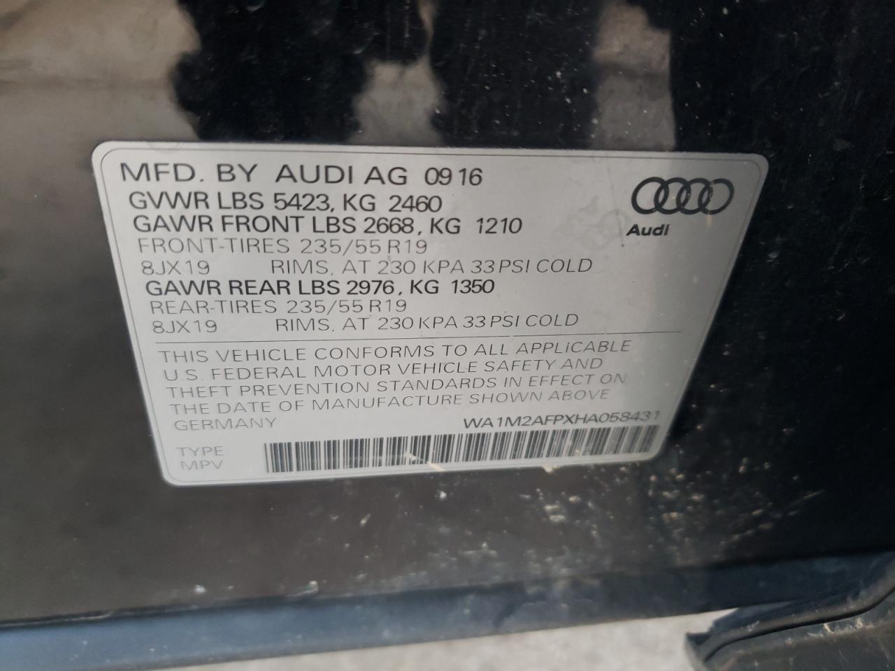 Photo 10 from auction – 2017 AUDI Q5 PREMIUM with VIN WA1M2AFPXHA058431