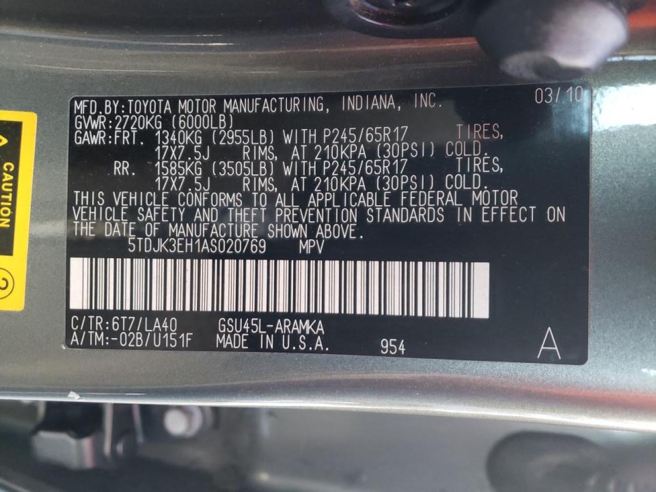 Photo 10 from auction – 2010 TOYOTA HIGHLANDER with VIN 5TDJK3EH1AS020769