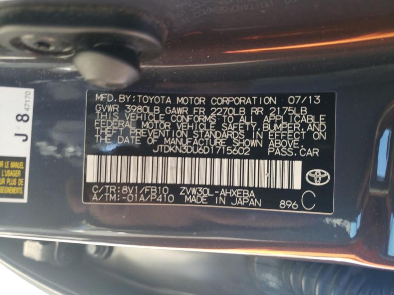 Photo 10 from auction – 2013 TOYOTA PRIUS with VIN JTDKN3DU6D1715602