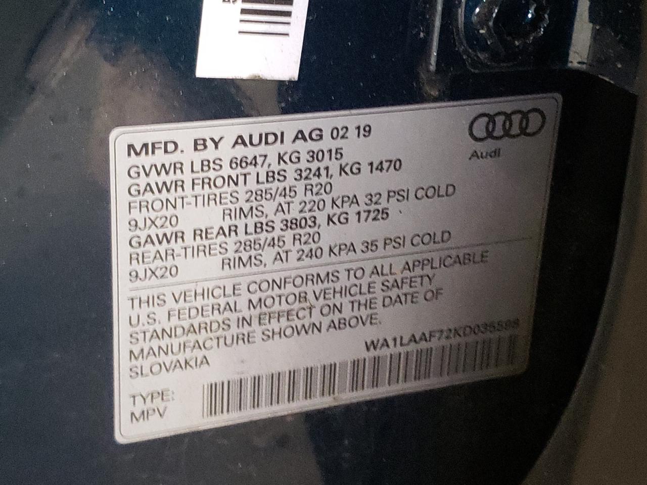 Photo 10 from auction – 2019 AUDI Q7 PREMIUM with VIN WA1LAAF72KD035598