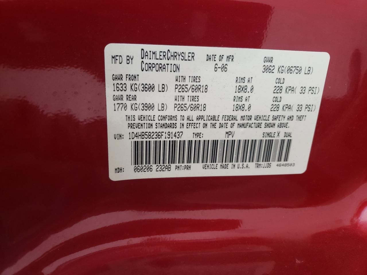 Photo 10 from auction – 2006 DODGE DURANGO LI with VIN 1D4HB58236F191437