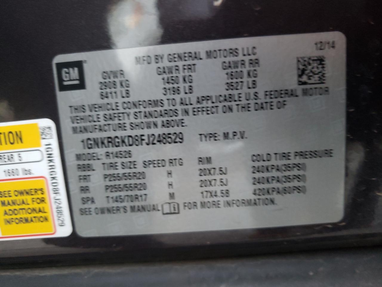 Photo 10 from auction – 2015 CHEVROLET TRAVERSE L with VIN 1GNKRGKD8FJ248529