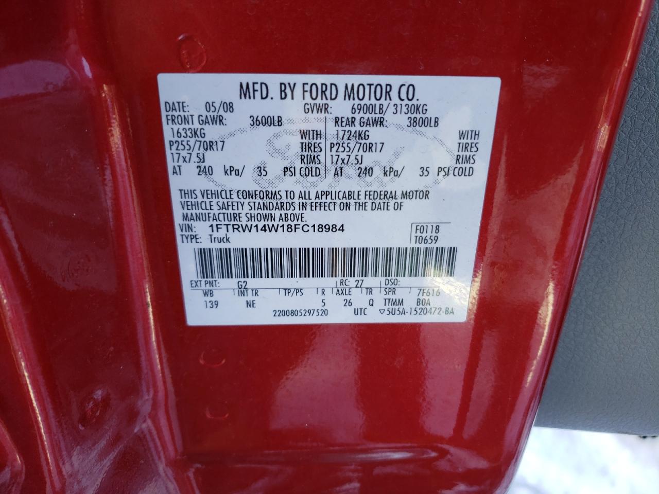 Photo 10 from auction – 2008 FORD F150 SUPER with VIN 1FTRW14W18FC18984