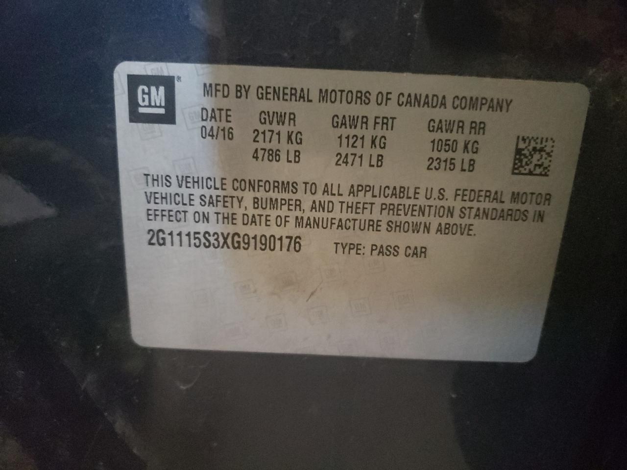 Photo 10 from auction – 2016 CHEVROLET IMPALA LT with VIN 2G1115S3XG9190176