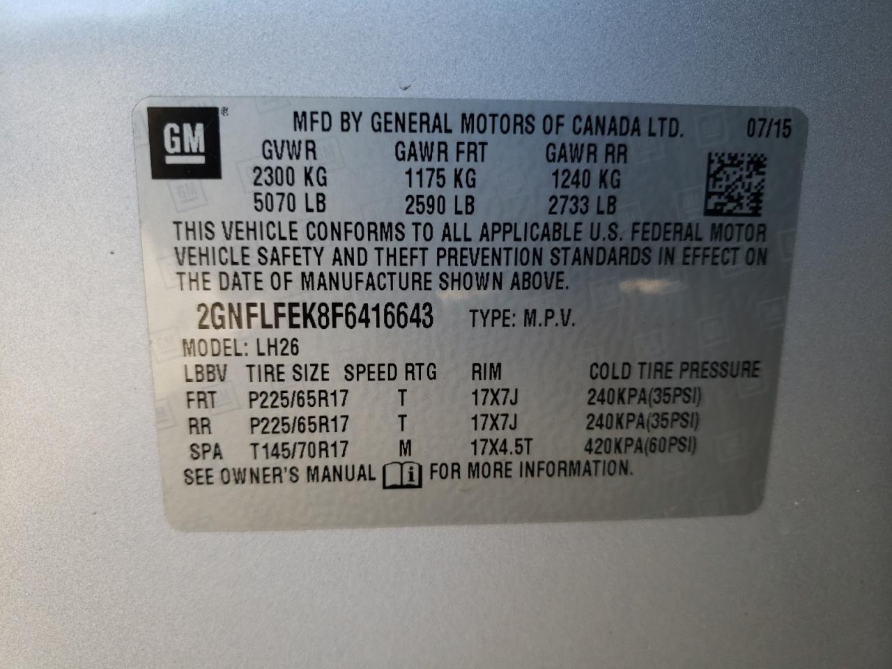 Photo 10 from auction – 2015 CHEVROLET EQUINOX LT with VIN 2GNFLFEK8F6416643