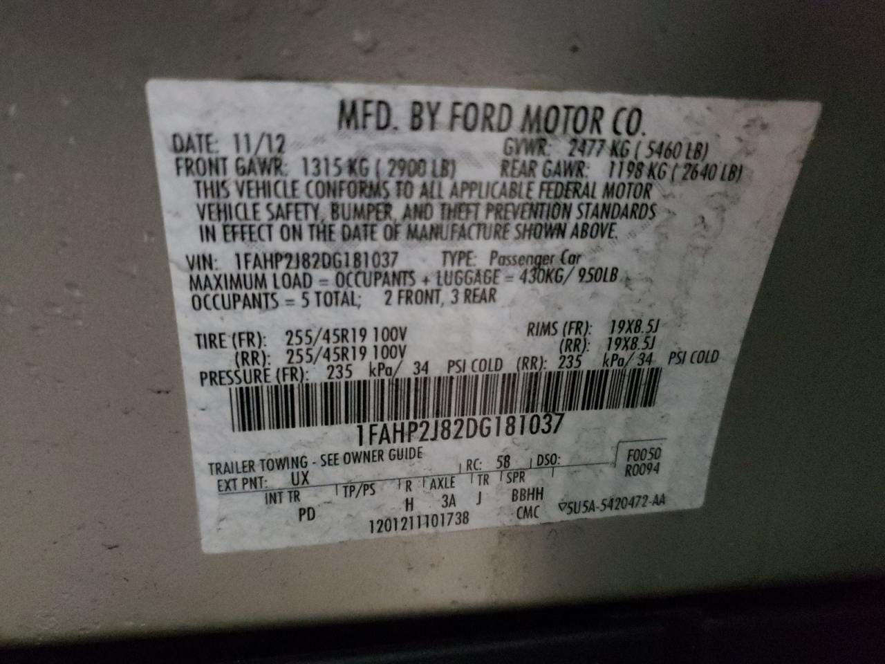 Foto 10 de la subasta – 2013 FORD TAURUS LIM con VIN 1FAHP2J82DG181037