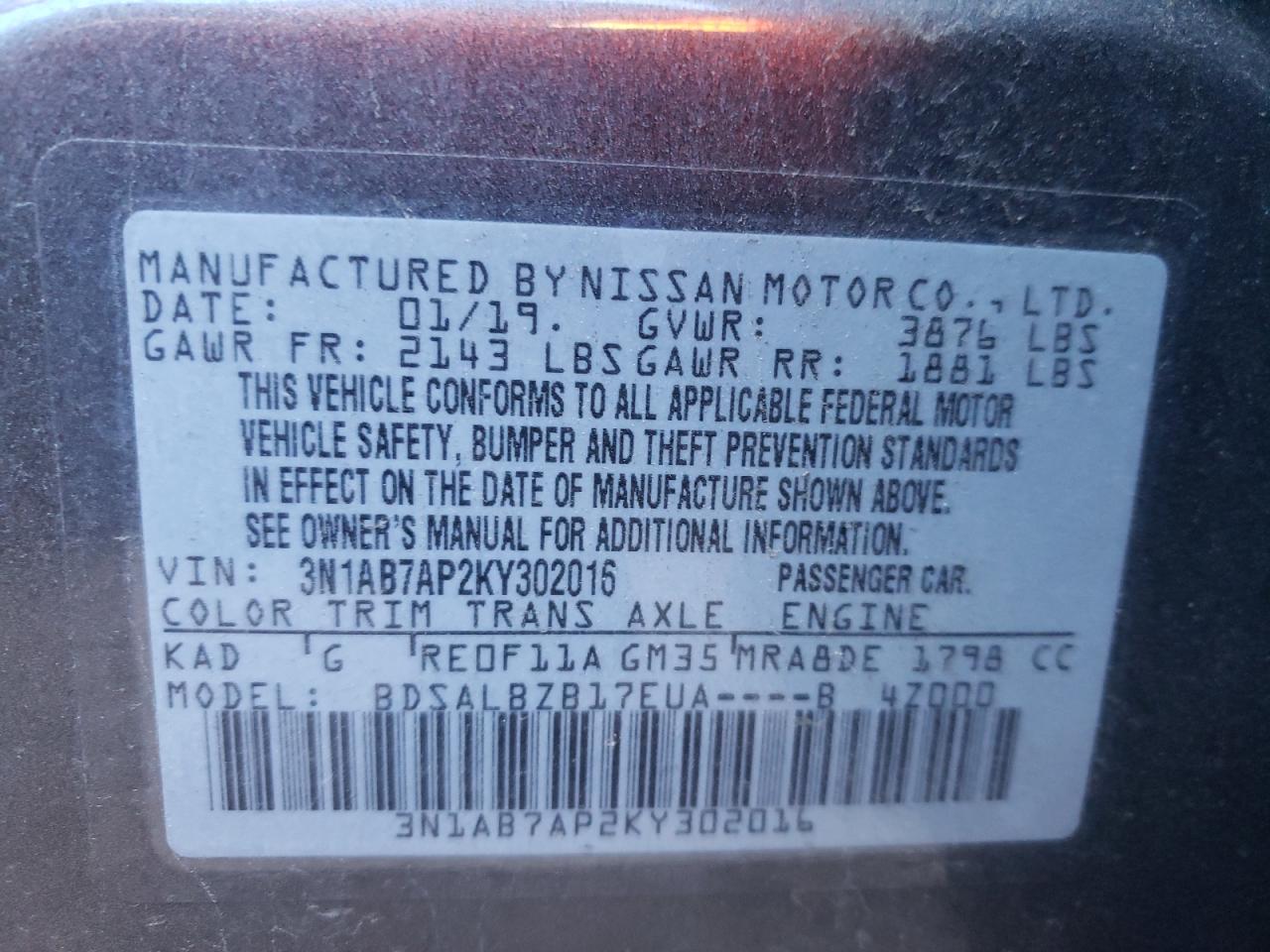 Photo 10 from auction – 2019 NISSAN SENTRA with VIN 3N1AB7AP2KY302016