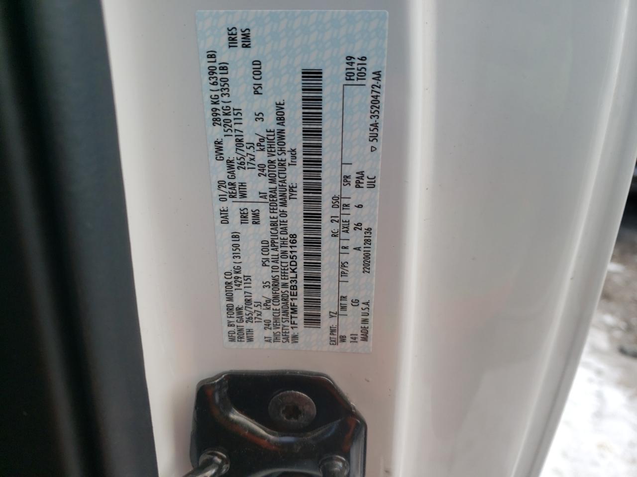 Photo 10 from auction – 2020 FORD F150 with VIN 1FTMF1EB3LKD51168