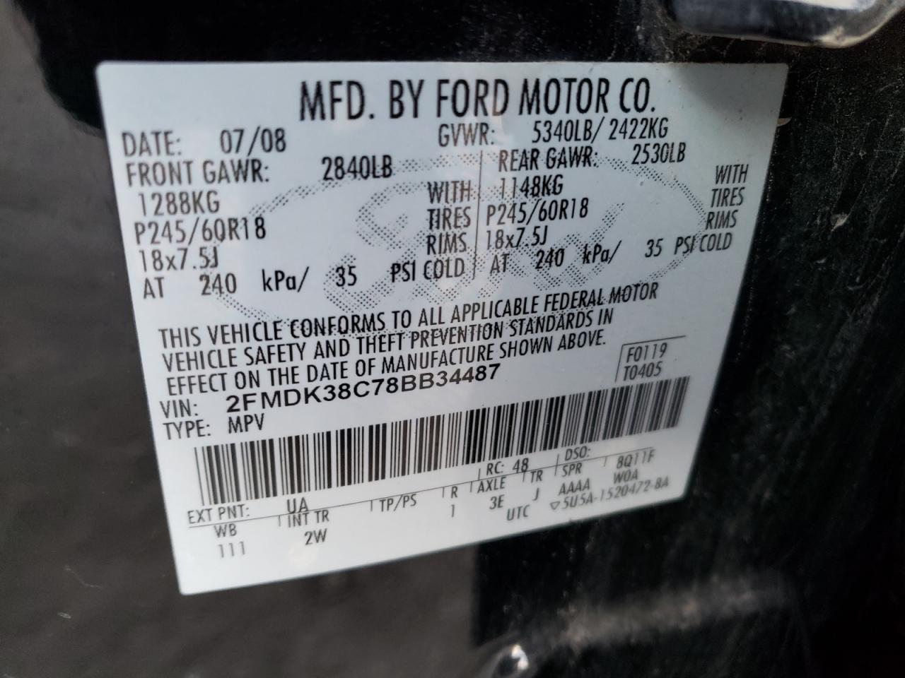 Photo 10 from auction – 2008 FORD EDGE SEL with VIN 2FMDK38C78BB34487