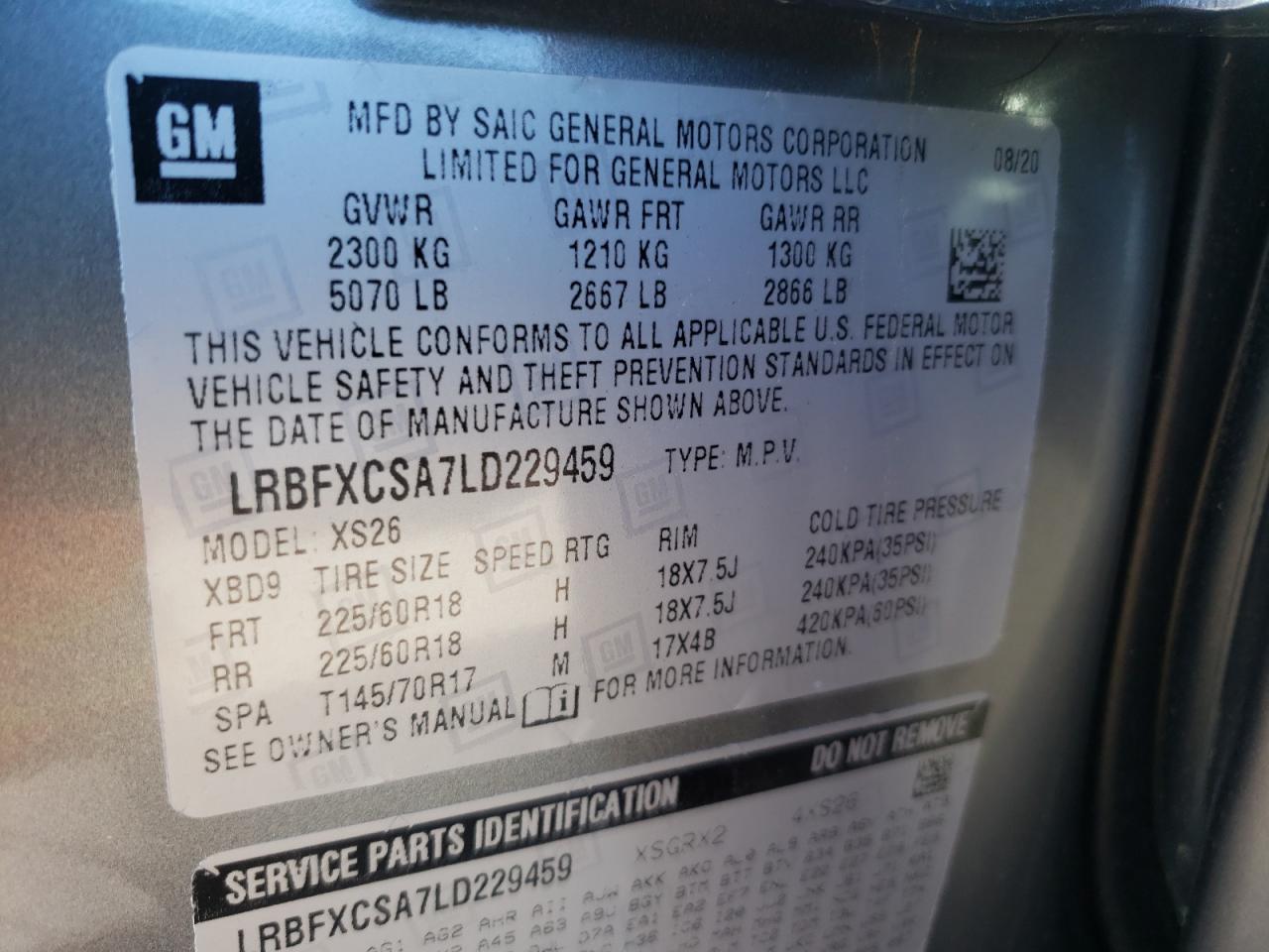Photo 10 from auction – 2020 BUICK ENVISION E with VIN LRBFXCSA7LD229459