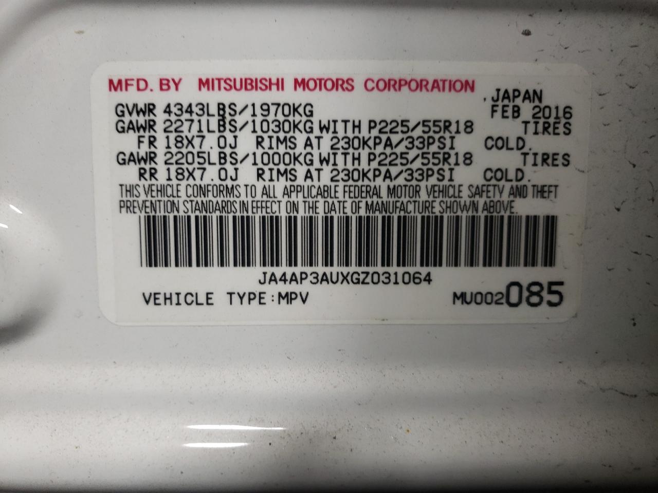 Photo 10 from auction – 2016 MITSUBISHI OUTLANDER with VIN JA4AP3AUXGZ031064