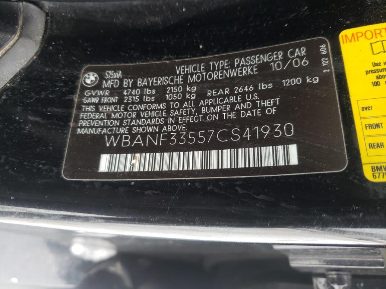 Photo 10 from auction – 2007 BMW 525 XI with VIN WBANF33557CS41930