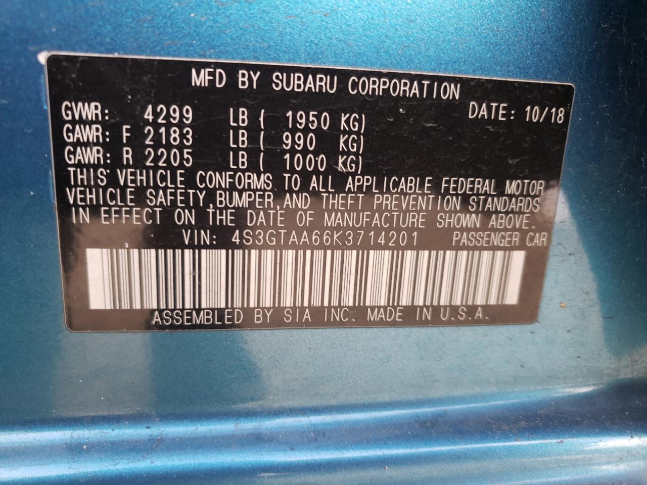 Photo 10 from auction – 2019 SUBARU IMPREZA with VIN 4S3GTAA66K3714201