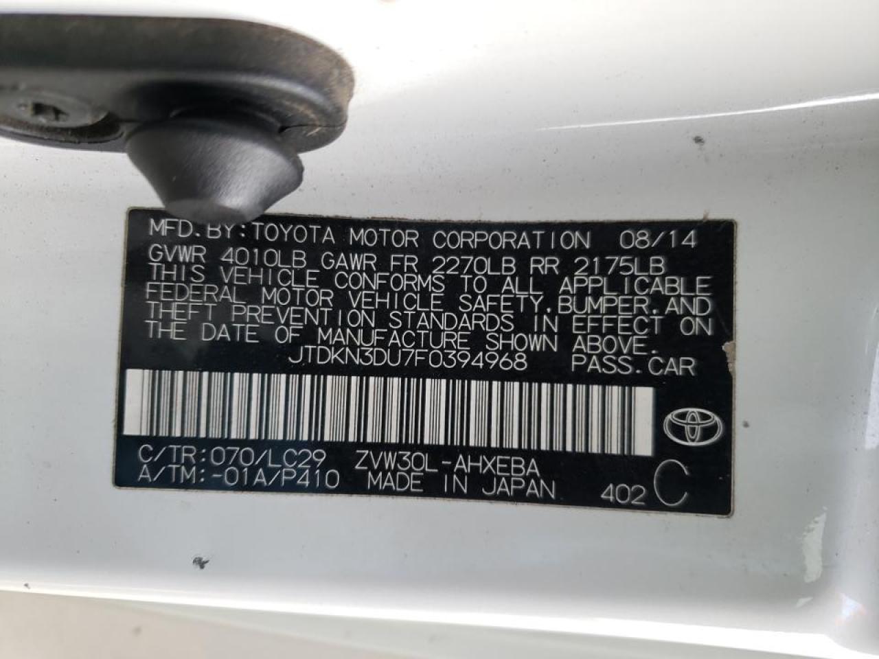 Photo 10 from auction – 2015 TOYOTA PRIUS with VIN JTDKN3DU7F0394968