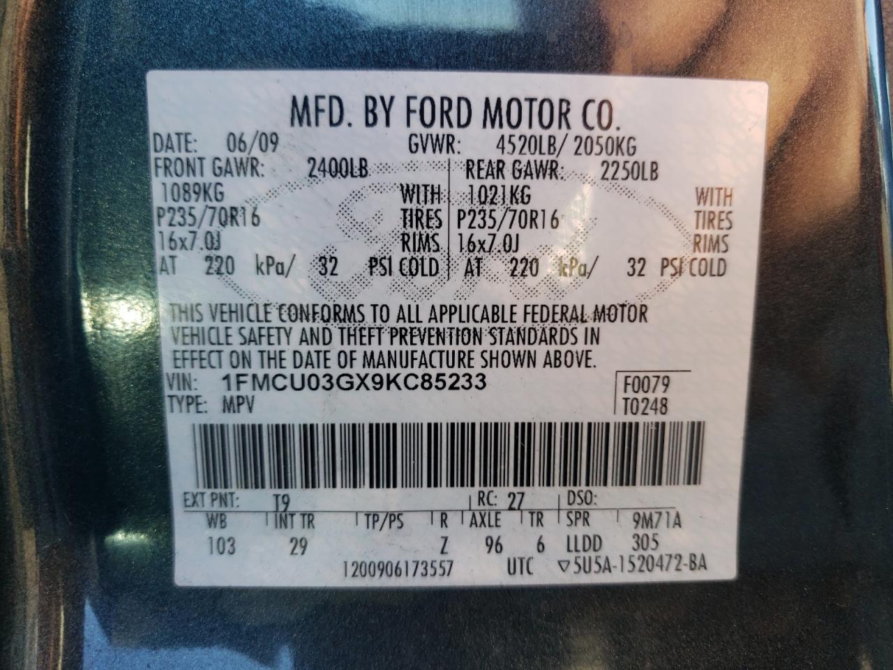 Photo 10 from auction – 2009 FORD ESCAPE XLT with VIN 1FMCU03GX9KC85233