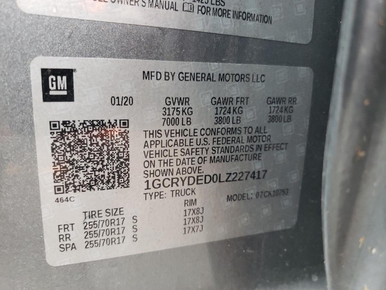 Photo 10 from auction – 2020 CHEVROLET SILVERADO with VIN 1GCRYDED0LZ227417