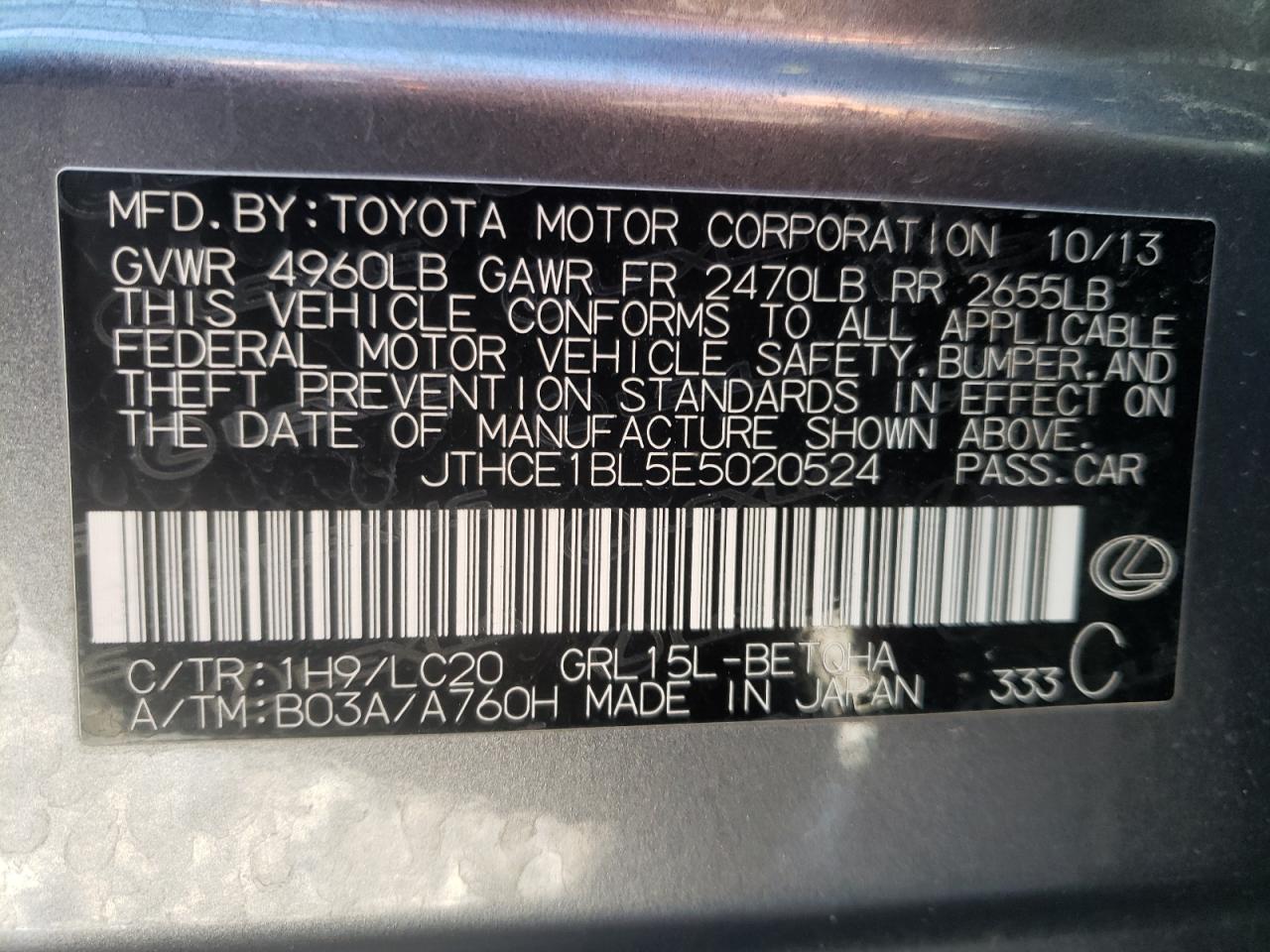 Photo 10 from auction – 2014 LEXUS GS 350 with VIN JTHCE1BL5E5020524
