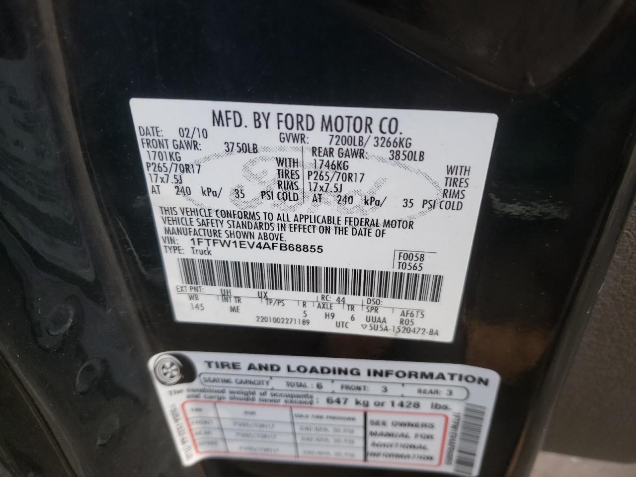 Photo 10 from auction – 2010 FORD F150 SUPER with VIN 1FTFW1EV4AFB68855