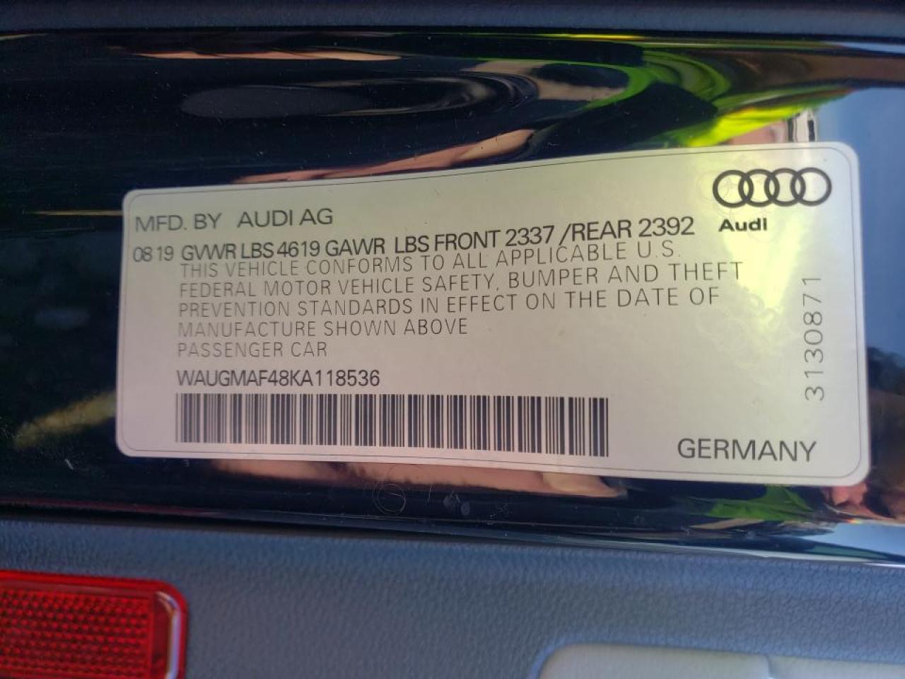 Photo 10 from auction – 2019 AUDI A4 PREMIUM with VIN WAUGMAF48KA118536