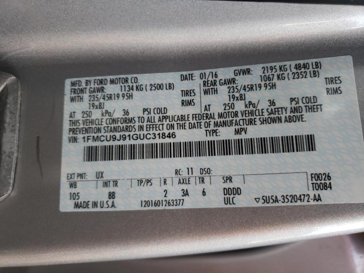 Photo 10 from auction – 2016 FORD ESCAPE TIT with VIN 1FMCU9J91GUC31846