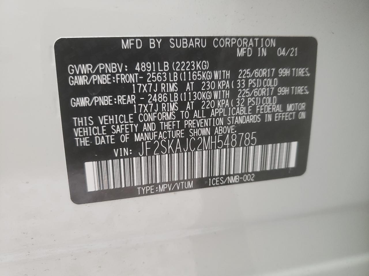 Photo 10 from auction – 2021 SUBARU FORESTER P with VIN JF2SKAJC2MH548785