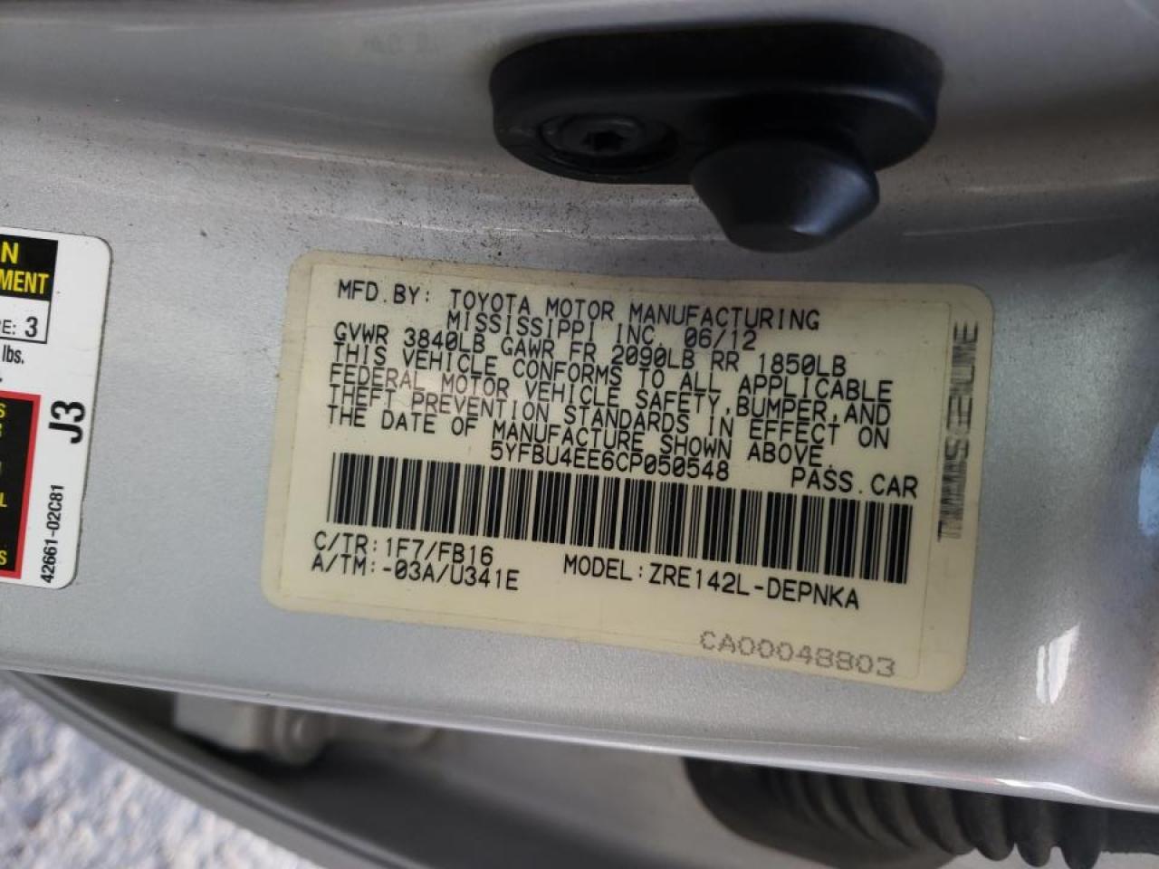 Photo 10 from auction – 2012 TOYOTA COROLLA BA with VIN 5YFBU4EE6CP050548