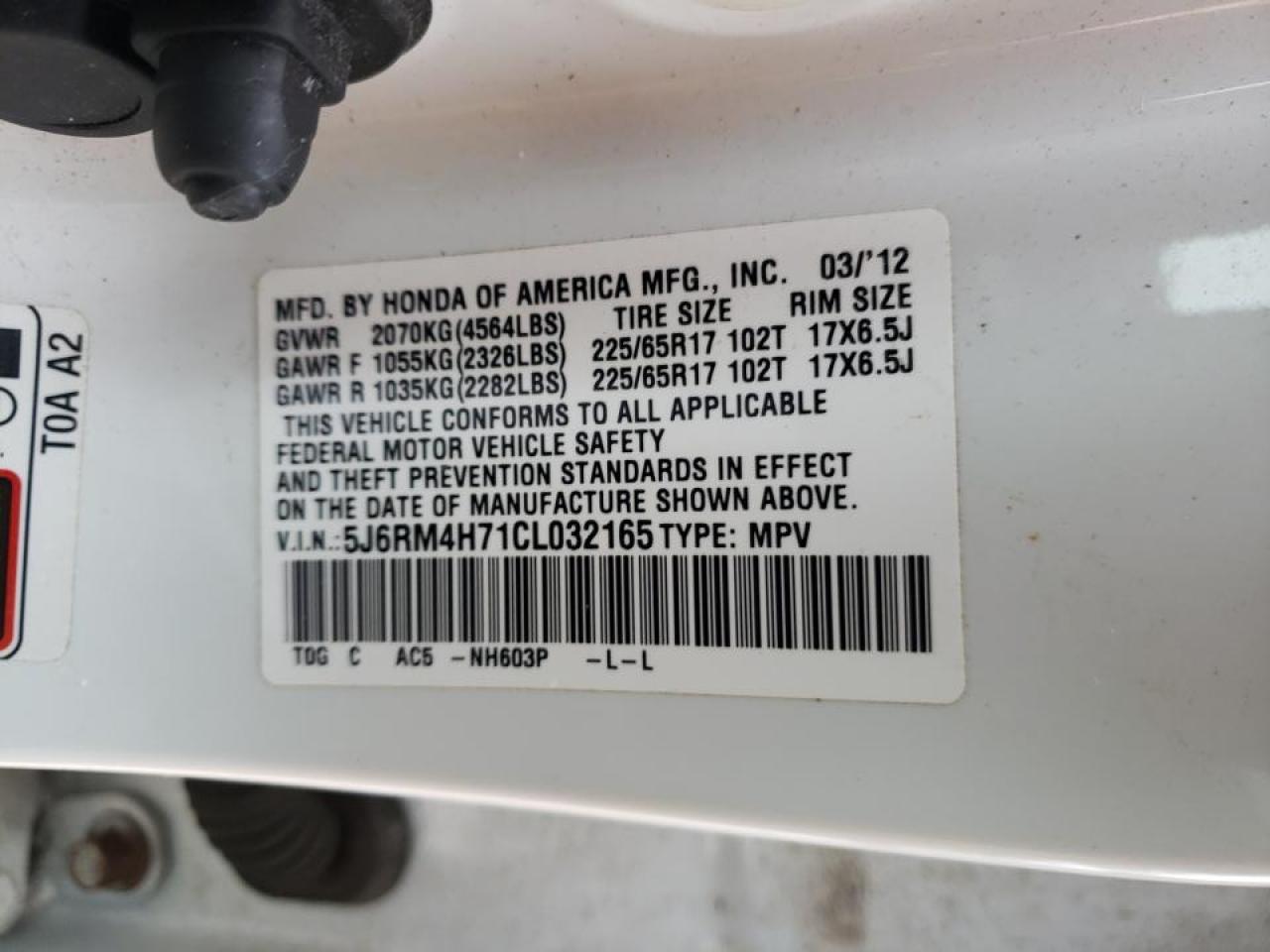 Photo 10 from auction – 2012 HONDA CR-V EXL with VIN 5J6RM4H71CL032165