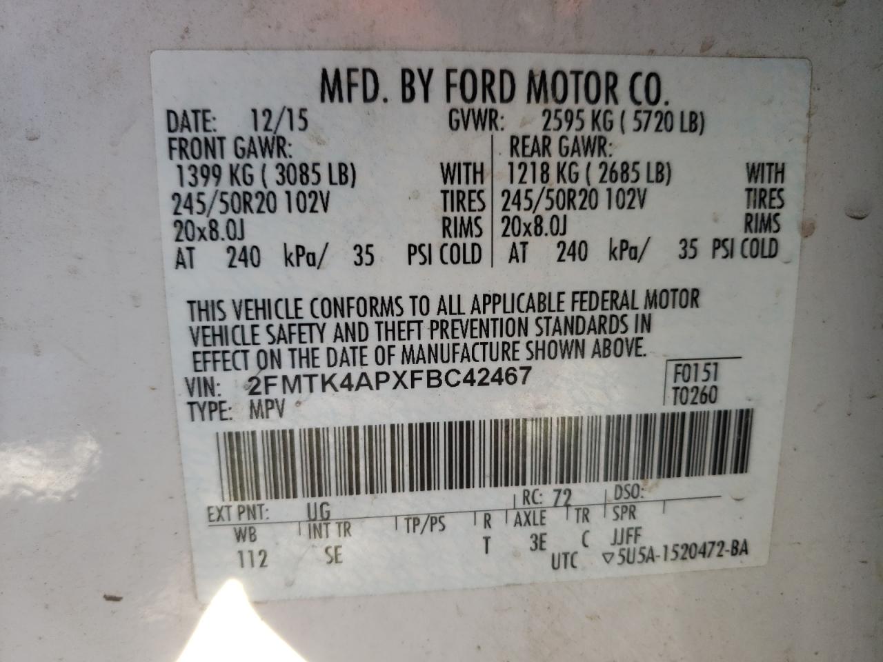 Photo 10 from auction – 2015 FORD EDGE SPORT with VIN 2FMTK4APXFBC42467