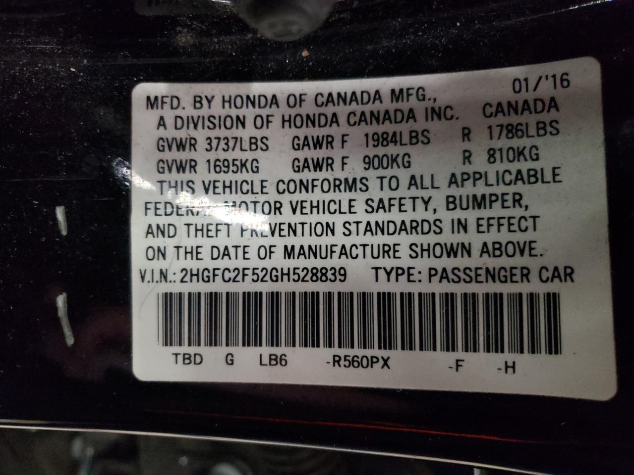 Photo 10 from auction – 2016 HONDA CIVIC LX with VIN 2HGFC2F52GH528839