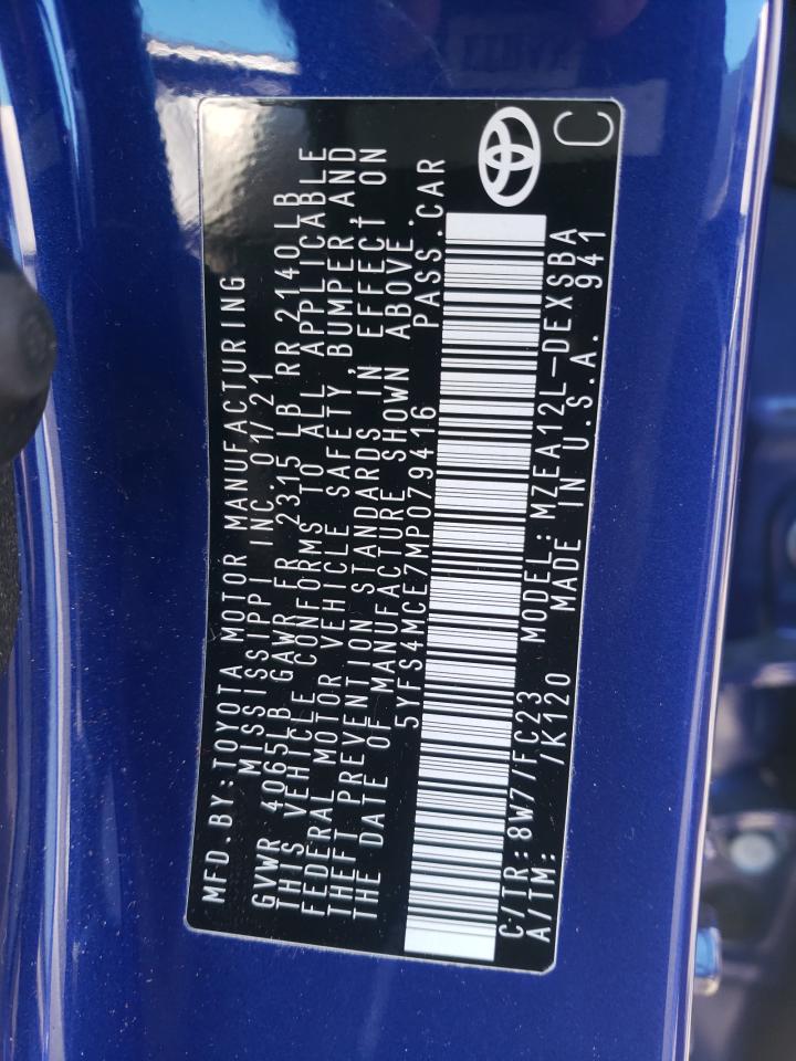 Photo 10 from auction – 2021 TOYOTA COROLLA SE with VIN 5YFS4MCE7MP079416