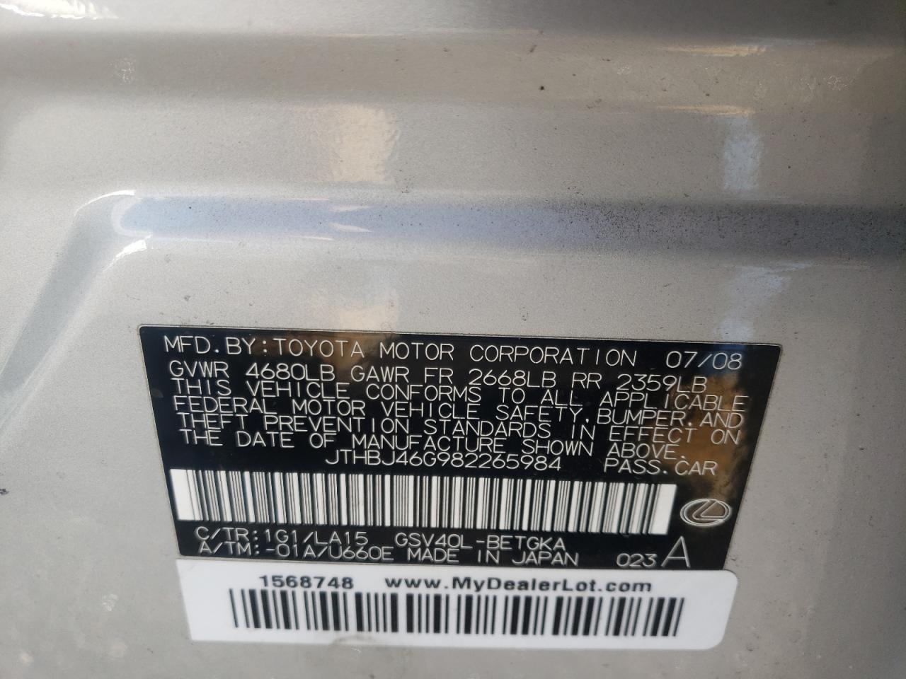 Photo 10 from auction – 2008 LEXUS ES 350 with VIN JTHBJ46G982265984