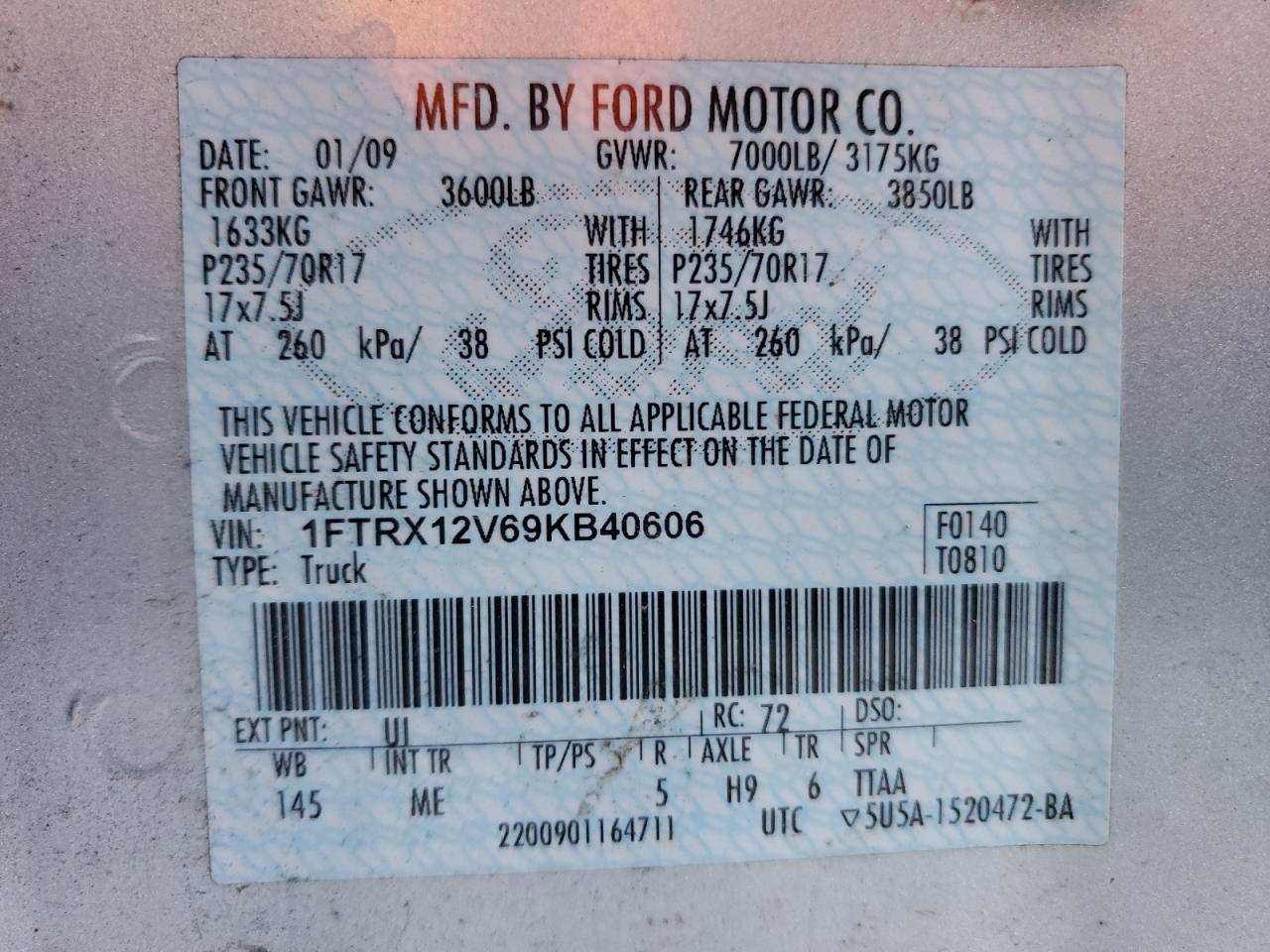 Photo 11 from auction – 2009 FORD F150 SUPER with VIN 1FTRX12V69KB40606