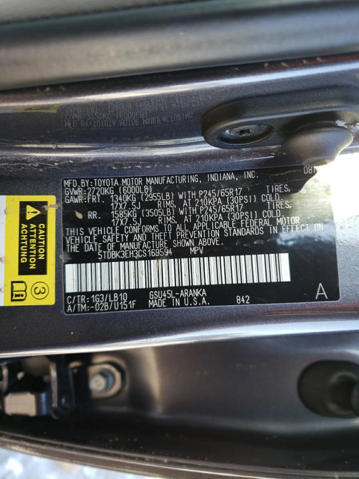 Photo 10 from auction – 2012 TOYOTA HIGHLANDER with VIN 5TDBK3EH3CS169594
