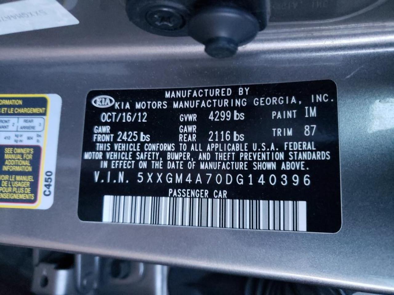 Photo 10 from auction – 2013 KIA OPTIMA LX with VIN 5XXGM4A70DG140396