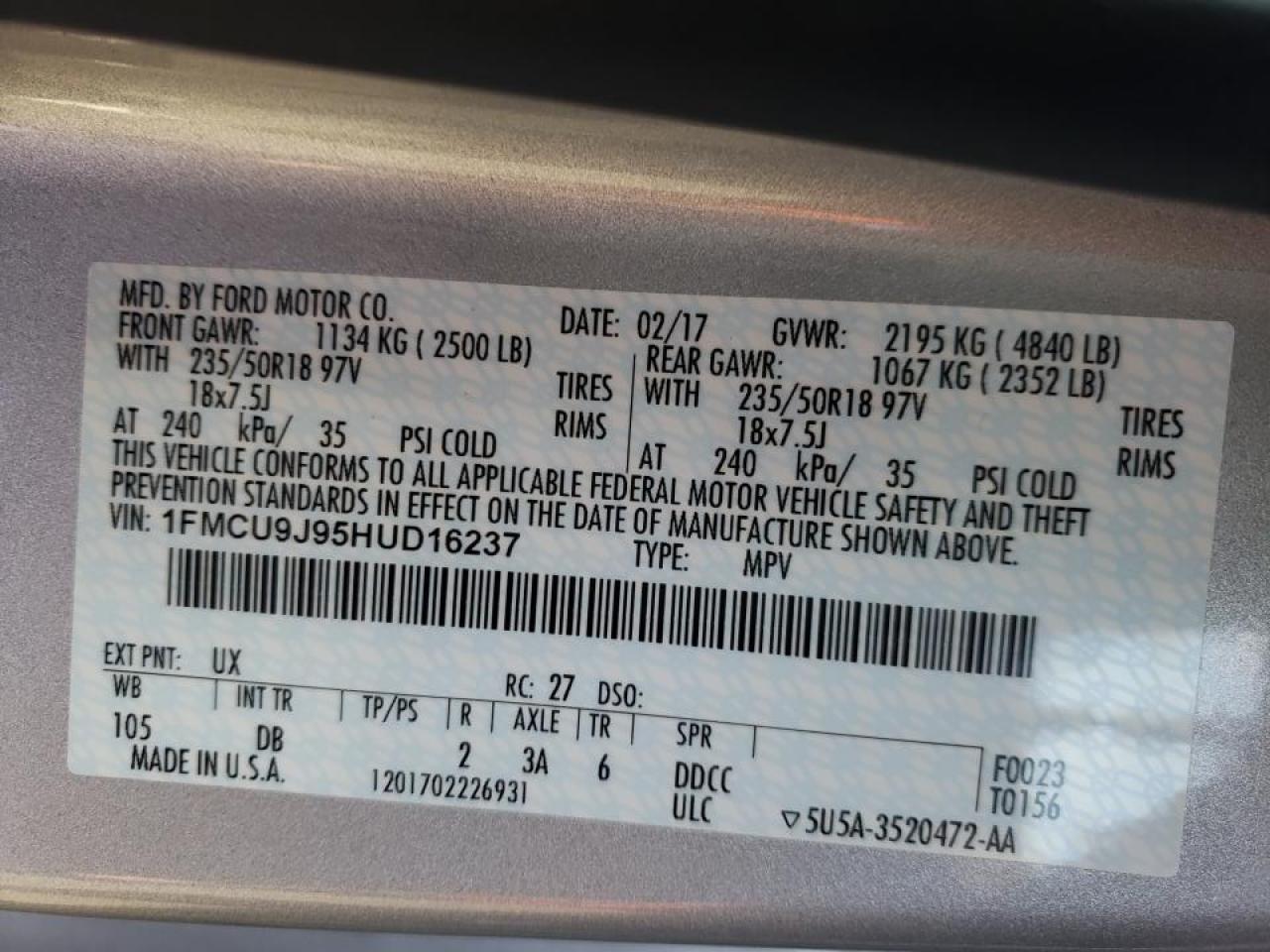 Photo 10 from auction – 2017 FORD ESCAPE TIT with VIN 1FMCU9J95HUD16237